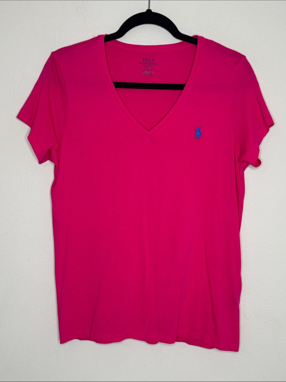 Ralph Lauren Women's V-Neck Tee in Bright Pink with Blue Pony